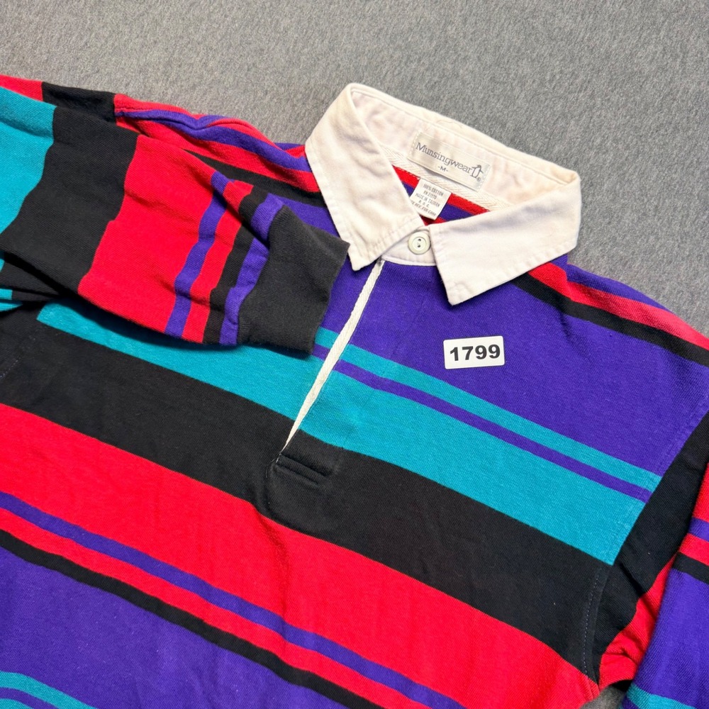 Vintage Munsingwear Men Medium Striped Rugby Shirt Long Sleeve Purple Red Teal
